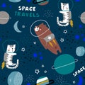 Childish seamless pattern with bear and cat in cosmos. Trendy scandinavian vector background. Perfect for kids apparel,fabric,