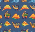 Childish seamless pattern with camels, desert and hills in the evening