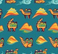 Childish seamless pattern with camels, desert and hills isolated on green blue colours