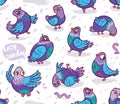 Seamless pattern with cartoon pigeons. Design for wrapping paper, fabric, textile, wallpaper, apparel