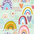 Childish seamless pattern with creative rainbows, hearts and hand drawn textures. Trendy kids vector background