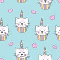 Childish seamless pattern with cute cat unicorn cupcake. Creative texture for textile, wallpaper, fabric