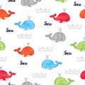 Childish seamless pattern with cute colorful whales.