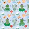 Childish seamless pattern with cute elements, frog, butterfly and waterlilies