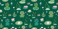 Childish seamless pattern with cute frogs and waterlilies on lake