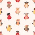 Childish seamless pattern with cute funny baby owls on light background. Backdrop with adorable owlets, smart forest