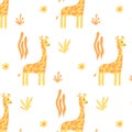 Childish seamless pattern with cute giraffe. Drawn pattern with giraffe and plants