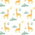 Childish seamless pattern with cute giraffe. Drawn pattern with giraffe and plants