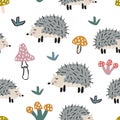 Childish seamless pattern with cute hedgehog and mushrooms. Creative texture for fabric Royalty Free Stock Photo