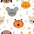 Childish seamless pattern with cute smiley animals. Creative baby texture for fabric, nursery, textile, clothes. Floral background Royalty Free Stock Photo