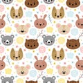 Childish seamless pattern with cute smiley animals. Creative baby texture for nursery, fabric, textile, clothes. Floral background Royalty Free Stock Photo