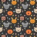 Childish seamless pattern with cute smiley animals. Floral background. Creative baby texture for fabric, nursery, textile, clothes Royalty Free Stock Photo