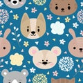 Childish seamless pattern with cute smiley animals. Floral background. Creative baby texture for nursery, fabric, textile, clothes Royalty Free Stock Photo