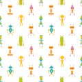 Childish seamless pattern with cute smiling robots on white background. Backdrop with toy cyborgs, electronic monsters
