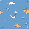 Childish seamless pattern with dinosaurs and rainy clouds. Summer print for tee, paper, textile and fabric. Cute vector