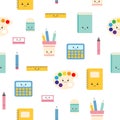 Childish seamless pattern with education supplies. Back to school. Vector kawaii cartoon character Royalty Free Stock Photo