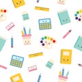 Childish seamless pattern with education supplies. Back to school. Vector kawaii cartoon characters Royalty Free Stock Photo