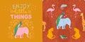 Childish seamless pattern with exotic animals: elephant, peacock, flamingo, leopard, giraffe, turtle. Children's