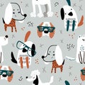 Childish seamless pattern with funny creative dogs in glasses. Trendy mint gray scandinavian vector background. Perfect for kids