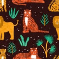 Childish seamless pattern with funny lions, tigers, leopards and leaves of tropical plants on dark background. Backdrop Royalty Free Stock Photo