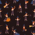 Childish seamless pattern with girl in witch hat with magic wand, potion or stick. Wizard kid on magical broomstick