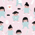 Childish Seamless Pattern with Girls in Pajamas