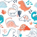 Childish seamless pattern with hand drawn dino Royalty Free Stock Photo