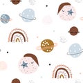 Childish seamless pattern with hand drawn space elements, rainbow, star, planet, galaxy. Trendy kids vector background