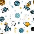 Childish seamless pattern hand drawn space elements space, rocket, star, planet, space probe. Trendy kids vector illustration for Royalty Free Stock Photo