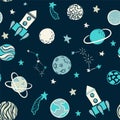 Childish seamless pattern. hand drawn space elements space, rocket, star, planet, space probe. Trendy kids vector illustration for