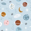 Childish seamless pattern with hand drawn space elements,star, planet, galaxy. Trendy kids vector background