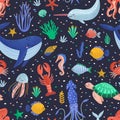 Childish seamless pattern with happy marine animals or funny underwater creatures living in sea. Ocean fauna on black Royalty Free Stock Photo