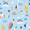 Childish seamless pattern with hot air ballon, rocket, kite, stars in the sky. Cute cartoon background. Perfect for fabric, Royalty Free Stock Photo
