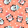 Childish seamless pattern with penguins in pink and blue colors. Royalty Free Stock Photo