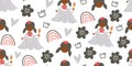 Childish seamless pattern with princess, castle