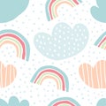 Childish seamless pattern rainbows, drops, clouds