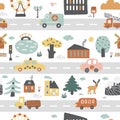 Childish seamless pattern with road, houses, cars, trees, and animals