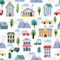 Childish seamless pattern with scandinavian houses, trees and cars. Cute town and transport. Cartoon landscape vector Royalty Free Stock Photo