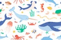 Childish seamless pattern with sea and ocean animals on white background. Cute marine underwater fauna with narwhal