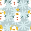 Childish seamless pattern with snowmen, snowflakes and birds. Winter print for tee, paper, fabric, textile. Hand drawn vector