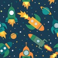 Childish seamless pattern with spaceship, stars, planets and stars