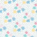 Childish seamless pattern with star shapes. White background with dots and blue, yellow, pink elements Royalty Free Stock Photo