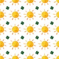 Childish seamless pattern with suns and clovers. Cute smiling sun clover. Good Luck. Green leaves. St.Patrick `s Day. Hand painted