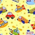 Childish seamless pattern with transport. Kids toy. Car, submarine, ship, plane, helicopter