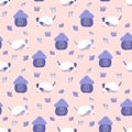 Childish seamless pattern with walking puppies and houses. Perfect for T-shirt, fabric, textile and print. Hand drawn babyish Royalty Free Stock Photo
