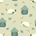 Childish seamless pattern with walking puppies and houses. Perfect for T-shirt, fabric, textile and print. Hand drawn babyish Royalty Free Stock Photo