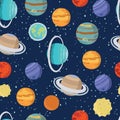 Childish seamless space pattern with astronaut, Earth, saturn, UFO, rockets and stars Royalty Free Stock Photo