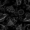 Childish seamless space pattern with planets, UFO, rockets and stars. White silhouette on black background Royalty Free Stock Photo