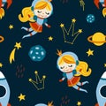 Childish seamless vector pattern girl in space, rocket, spaceships and planets with stars