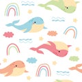 Childish seamless whale pattern with sky, rainbow and stars hand drawn in cartoon style.